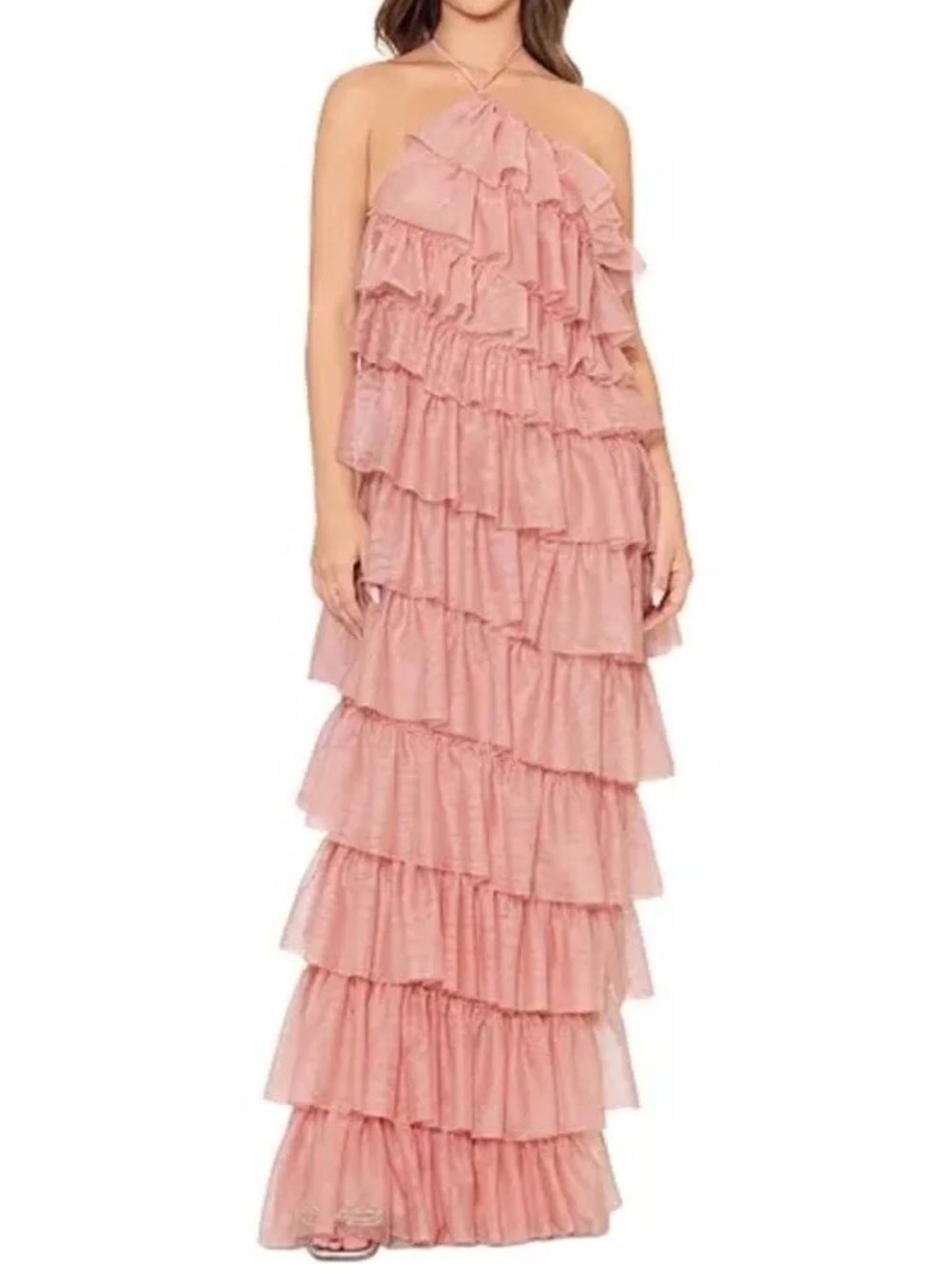 Tiered Ruffle Halter Maxi Dress in Blush Pink